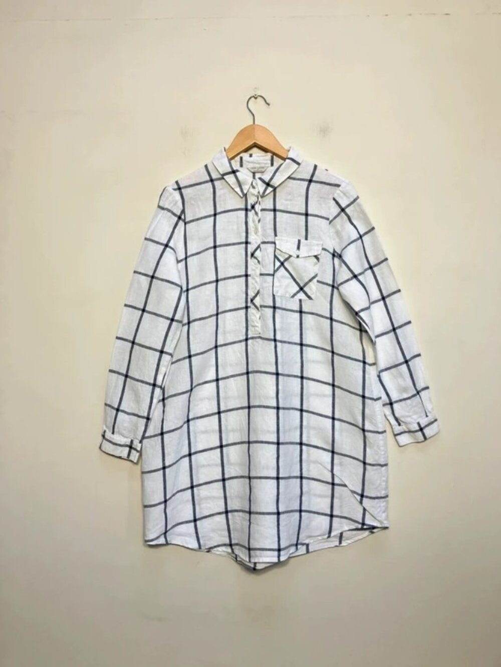 Monsoon 100% Linen Shirt Tunic Size Large White Blue Check Long Holiday Summer